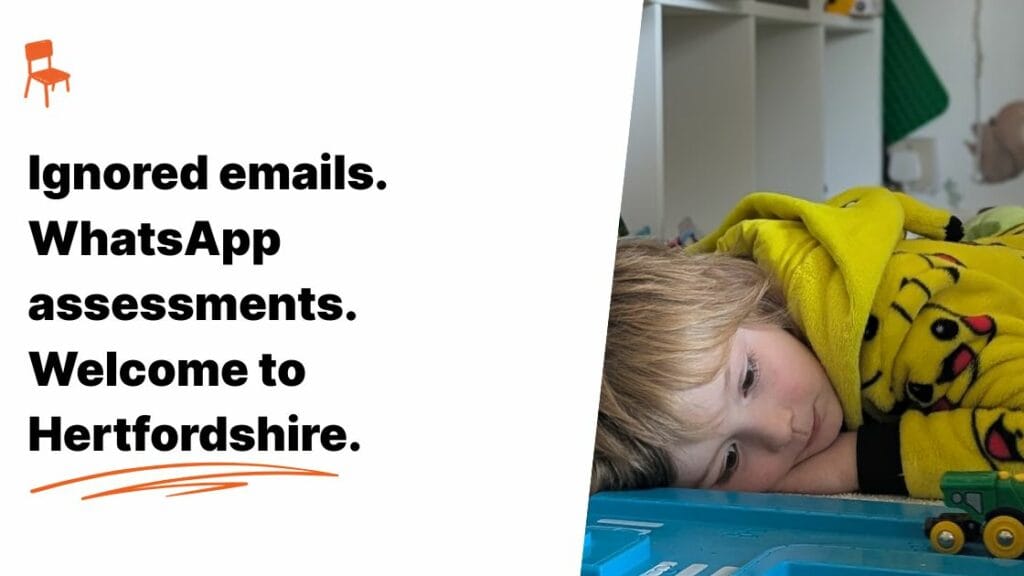 Ignored emails. WhatsApp assessments. Welcome to Hertfordshire. – Oliver lying on the floor in a yellow Pikachu onesie, looking tired next to toy train.