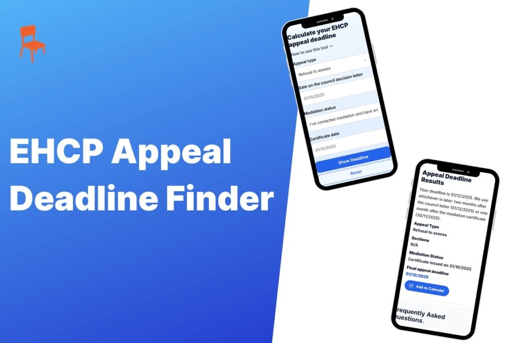 EHCP Appeal Deadline Finder – two mobile screens showing the Never At School appeal deadline calculator, one with appeal type and mediation inputs, and one showing the calculated result date.