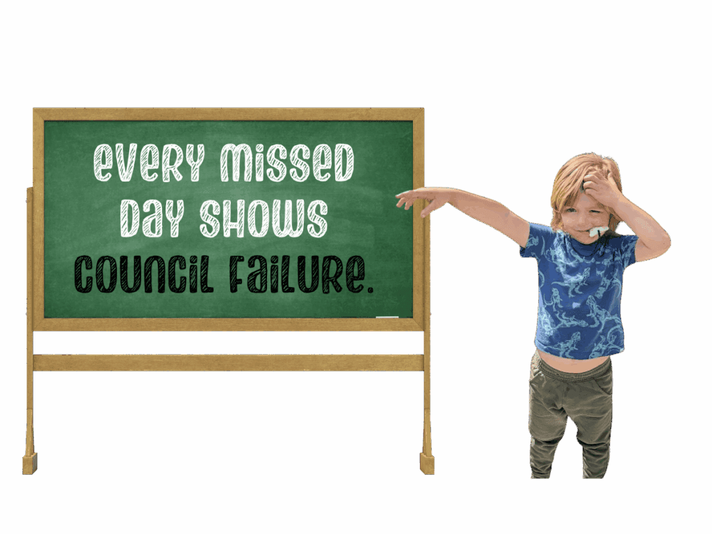 Oliver pointing toward a chalkboard that says “Every missed day shows council failure.”