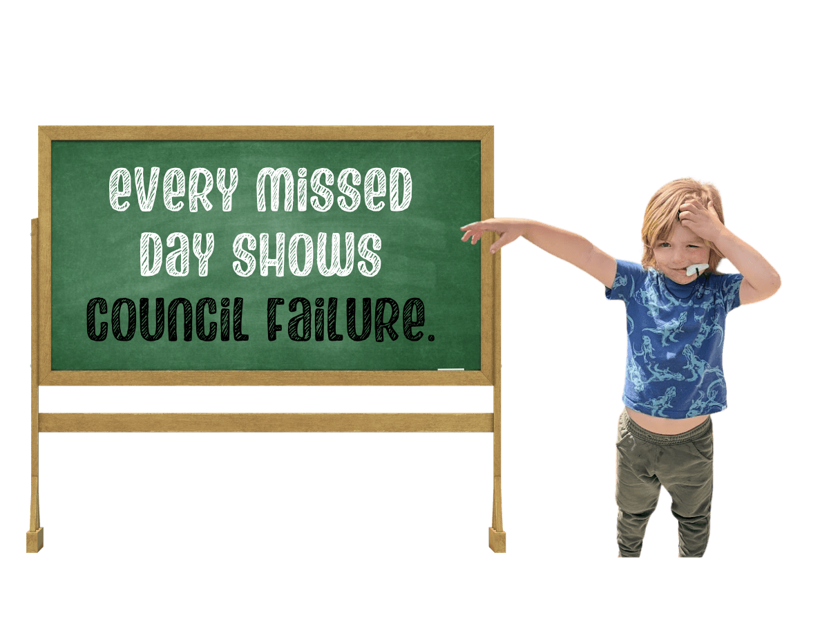 Oliver pointing toward a chalkboard that says “Every missed day shows council failure.”