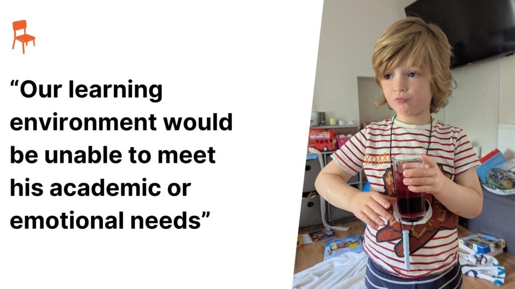 Oliver standing indoors holding a drink, with text beside him reading “Our learning environment would be unable to meet his academic or emotional needs.”