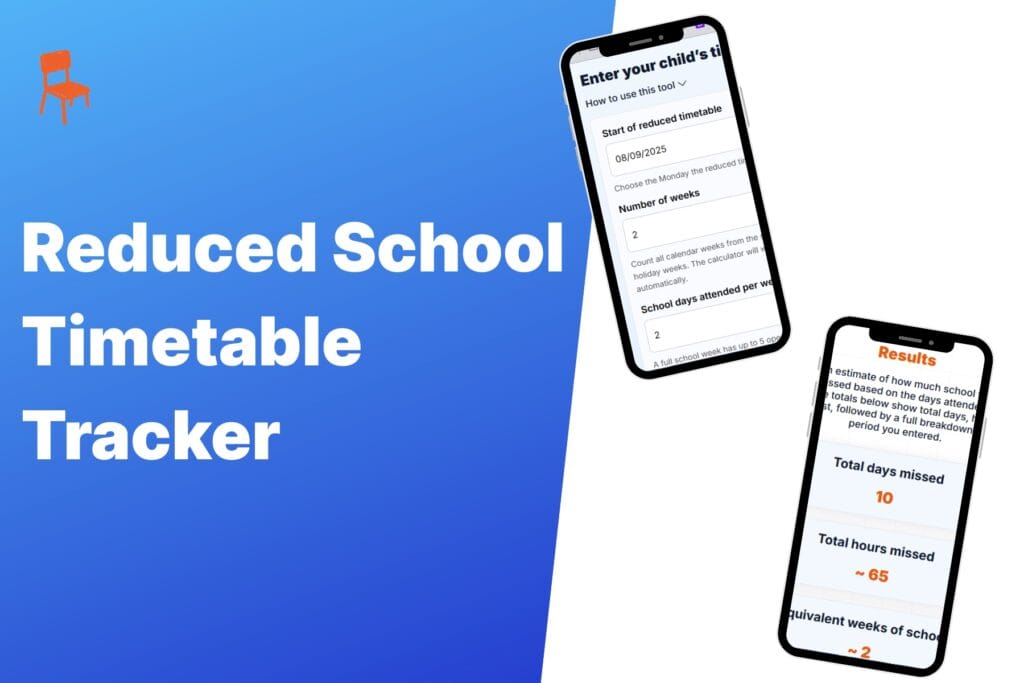 Reduced School Timetable Tracker – two mobile screens showing the calculator interface and results with total days and hours missed.