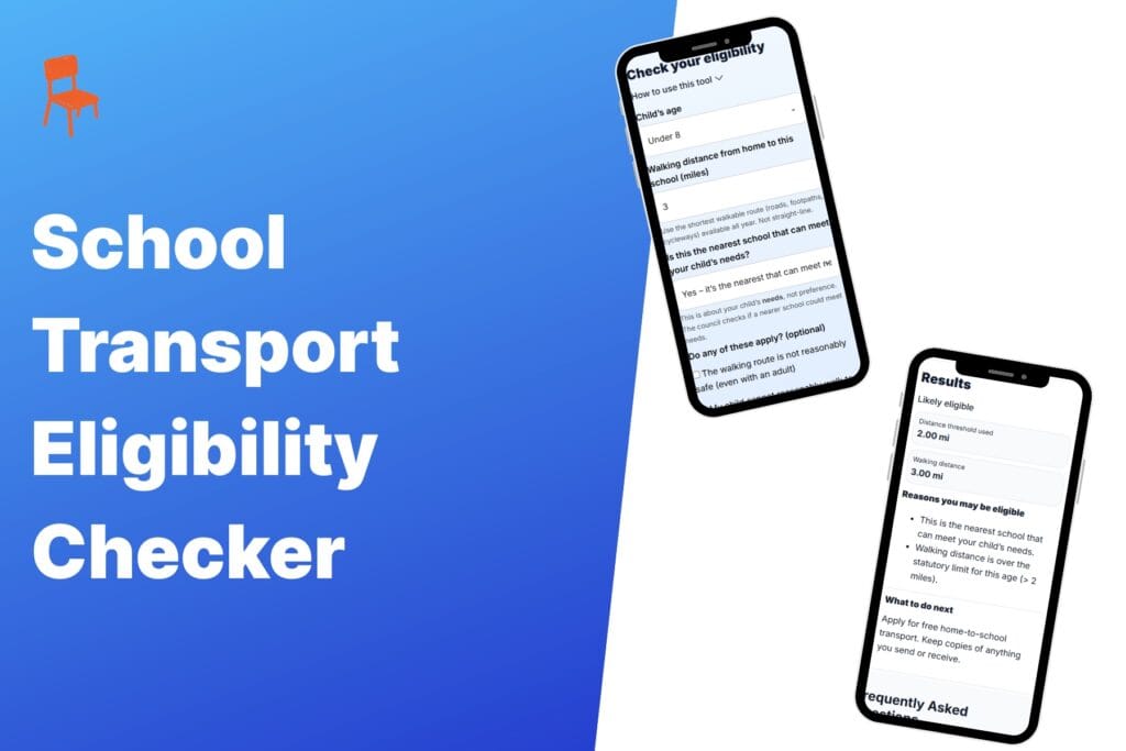 School Transport Eligibility Checker – two mobile screens showing the form fields and results determining a child’s eligibility for free transport.